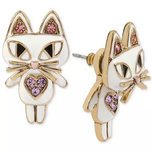 Betsey Johnson White Cat Front Back Enamel Earring Jackets New - Picture 1 of 3